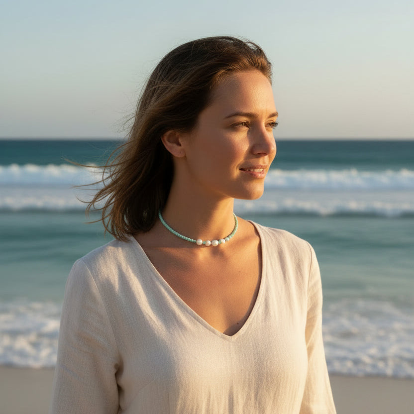 Fresh Water Pearl Beaded Necklace - Mint Green
