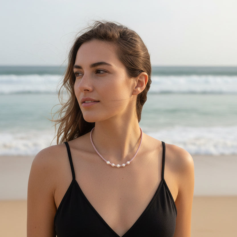 Fresh Water Pearl Beaded Necklace - Dusky Pink