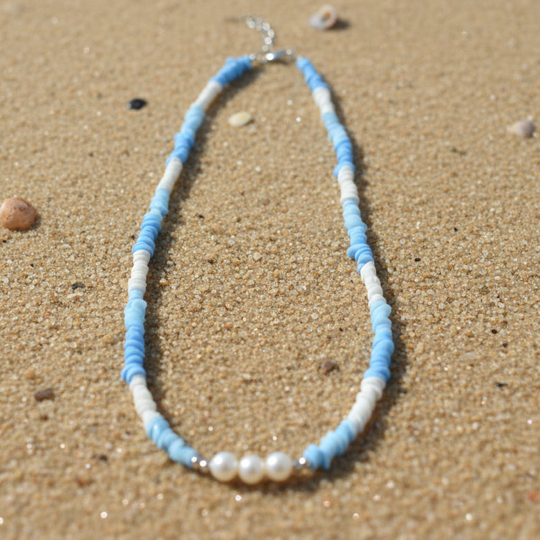 Fresh Water Pearl Beaded Necklace - Pale Blue