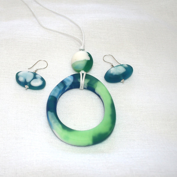 Blue Green Resin Pendant - Oval