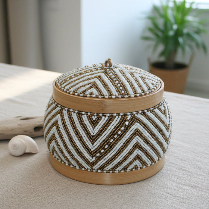 Hand Made Beaded Basket - Gold