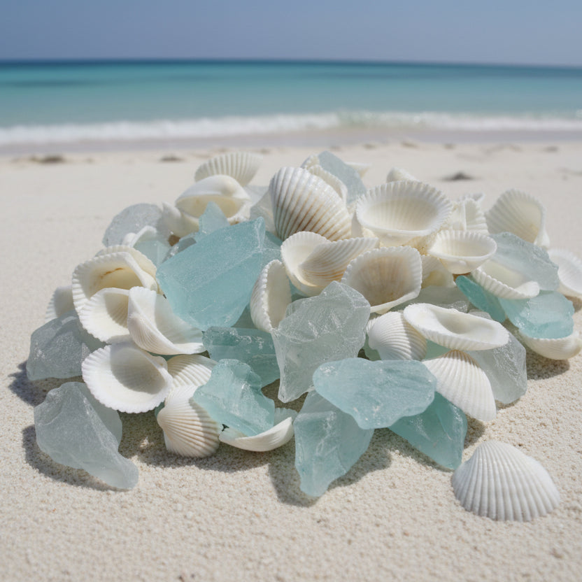 Sea Glass + Shells - Aqua + White