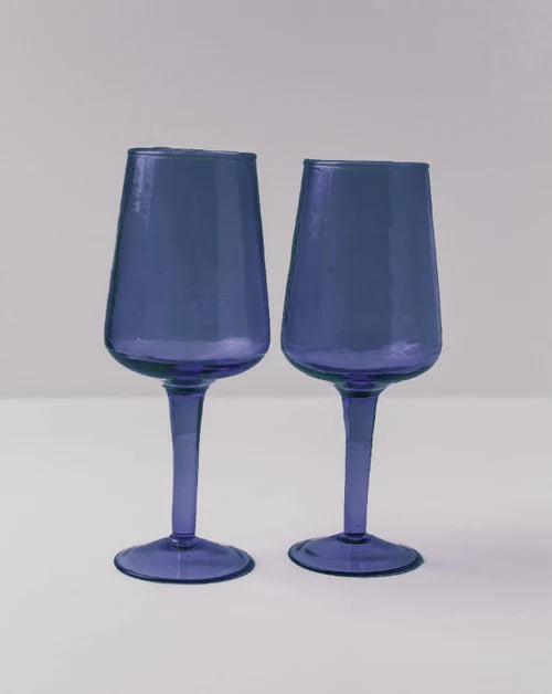 Handblown Hammered Wine Glasses - Blue
