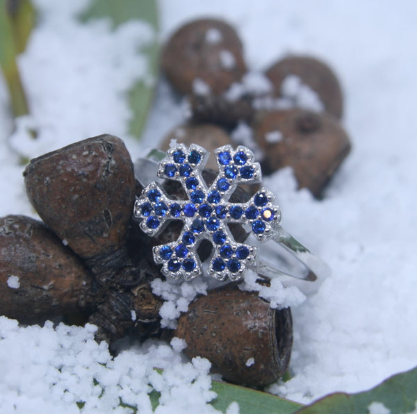 Sterling Silver Blue CZ Snowflake Ring - SXR397